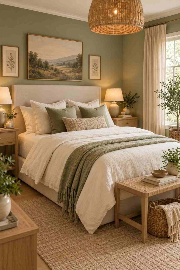 Soft sage green bedroom with cream bedding, pale oak furniture, rattan accents, and natural greenery.
