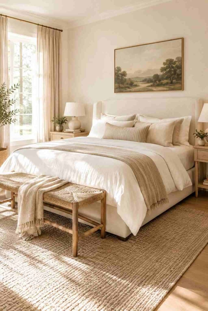 Airy creamy white bedroom with ivory bedding, natural wood furniture, soft sunlight, and layered textures.
