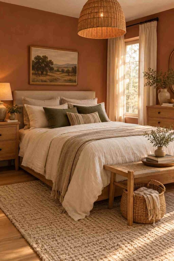 Earthy terracotta bedroom with ivory bedding, natural wood, olive accents, and woven decor.
