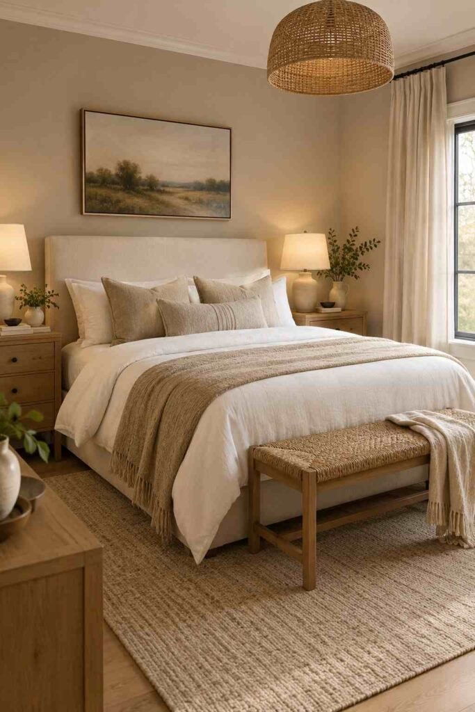 Dusty rose bedroom with cream bedding, walnut furniture, brass lighting, and soft romantic textures.