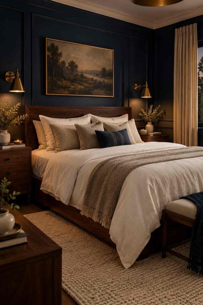 Moody navy bedroom with warm white bedding, walnut furniture, brass lighting, and cozy textures.
