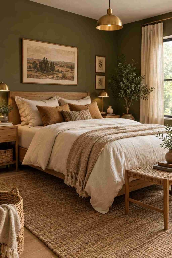Olive green bedroom with cream linen bedding, natural oak furniture, camel accents, and woven textures.
