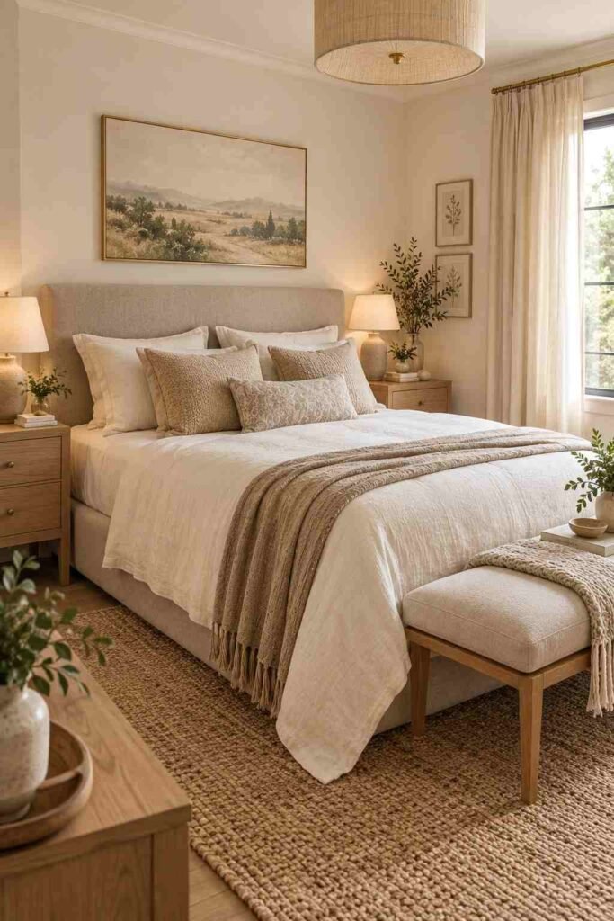 Soft neutral bedroom with cream walls, taupe bed, beige bedding, light oak furniture, and warm lighting.