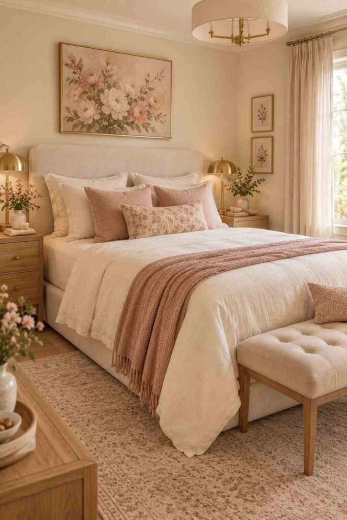 Feminine bedroom with blush pink accents, cream bedding, brass lighting, and warm wood details.