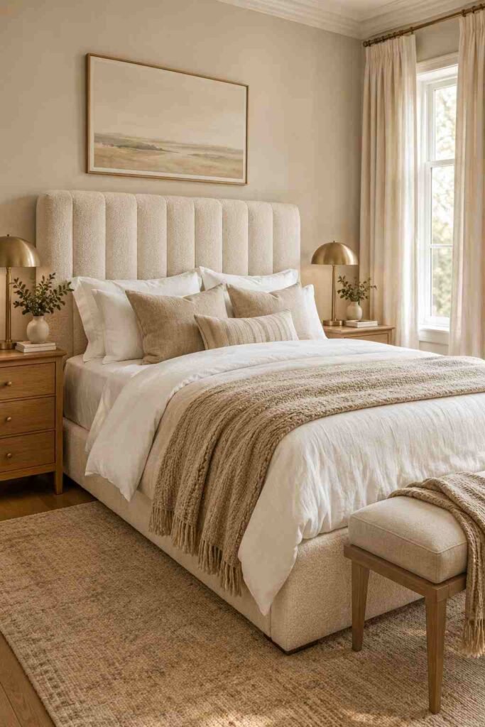 Bedroom with a statement cream upholstered bed, layered bedding, brass lamps, and warm wood accents.