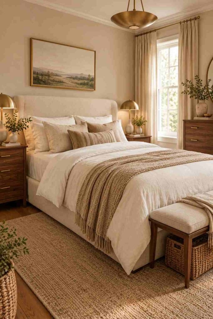 Warm bedroom with natural walnut furniture, cream bedding, woven accents, and soft brass lighting.