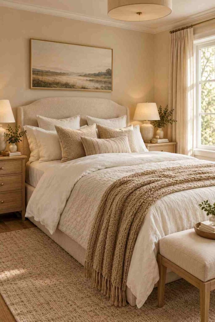 Luxurious layered bedding in ivory and beige with textured pillows and a cozy throw.