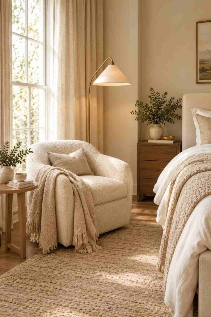 Cozy bedroom reading corner with a boucle chair, books, wood side table, and warm floor lamp.