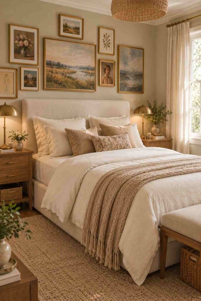 Woman’s bedroom with a curated neutral gallery wall above a cream upholstered bed.