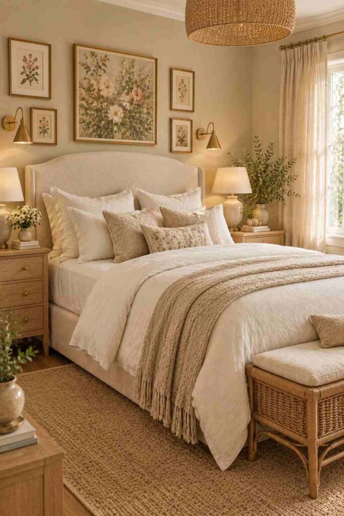 Feminine bedroom with linen, boucle, rattan, jute, natural wood, and soft neutral colors.