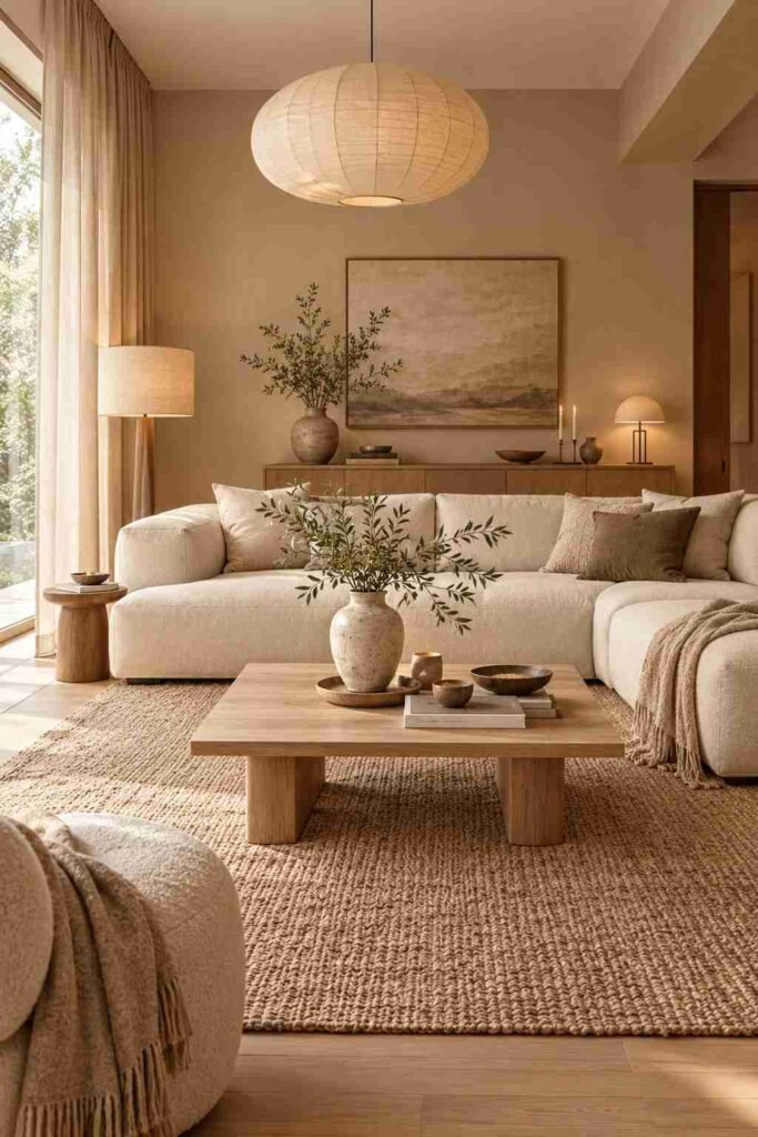 Japandi living room decorated in warm white, cream, beige, and taupe with natural wood and soft textures.
