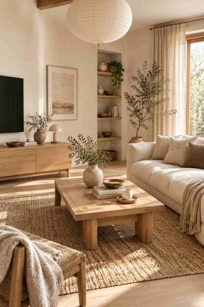 Japandi living room with light oak furniture, cream seating, woven textures, and minimalist decor.
