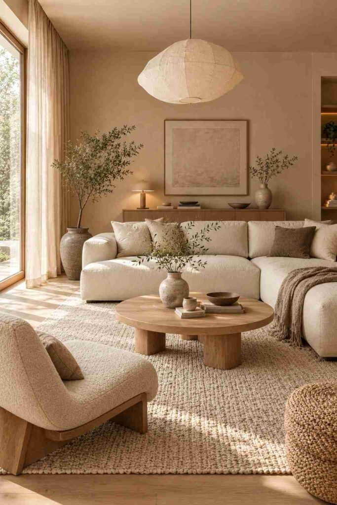 Low-profile cream sofa and oak furniture in a cozy minimalist Japandi living room.
