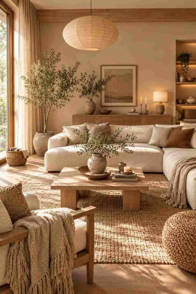 Japandi living room layered with linen, jute, woven baskets, natural wood, and handmade ceramics.
