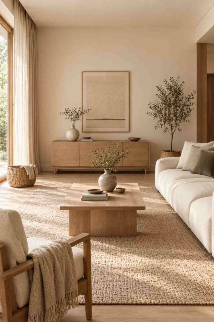 Clutter-free Japandi living room with simple furniture, neutral decor, open space, and natural materials.
