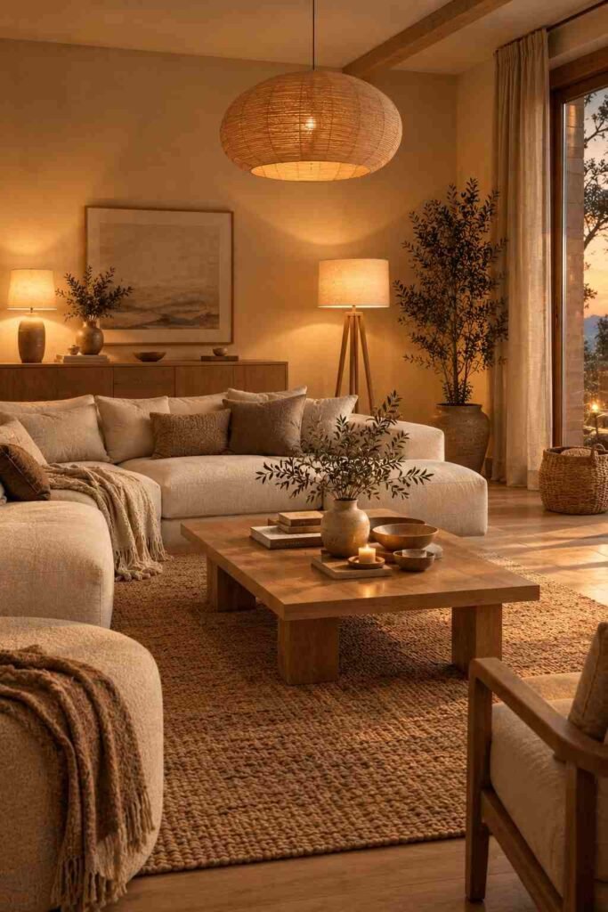 Japandi living room with warm lamps, soft evening lighting, cream seating, and natural wood furniture.
