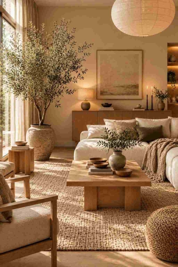 Japandi living room with an olive tree, natural oak furniture, cream sofa, and earthy neutral decor.
