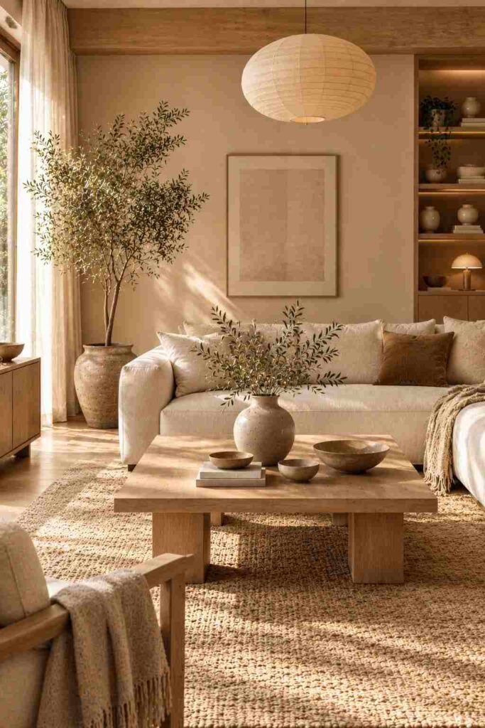 Japandi living room featuring handmade ceramic vases, cream seating, light oak, and neutral textures.
