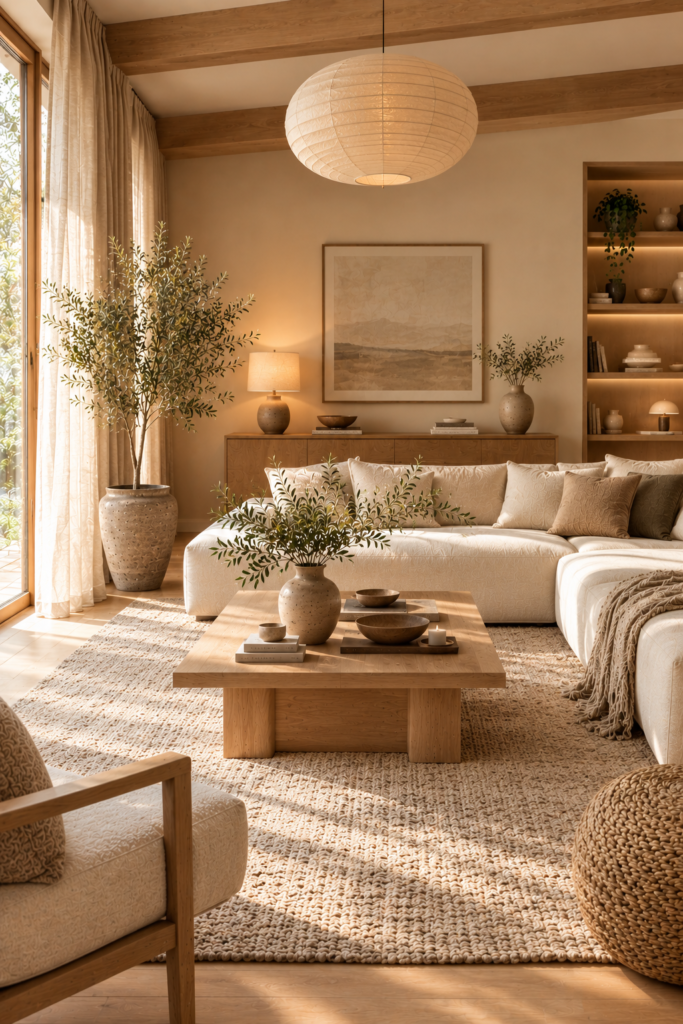 Japandi living room with a large soft neutral rug, cream sofa, oak coffee table, and natural textures.
