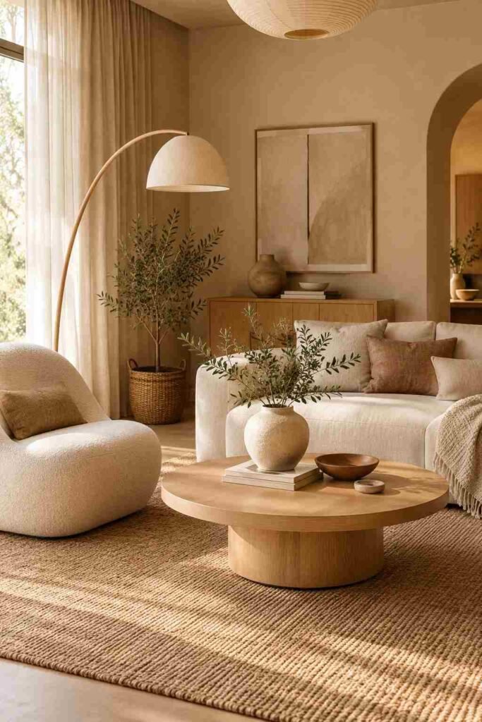 Japandi living room with curved furniture, round oak coffee table, soft neutral seating, and organic shapes.
