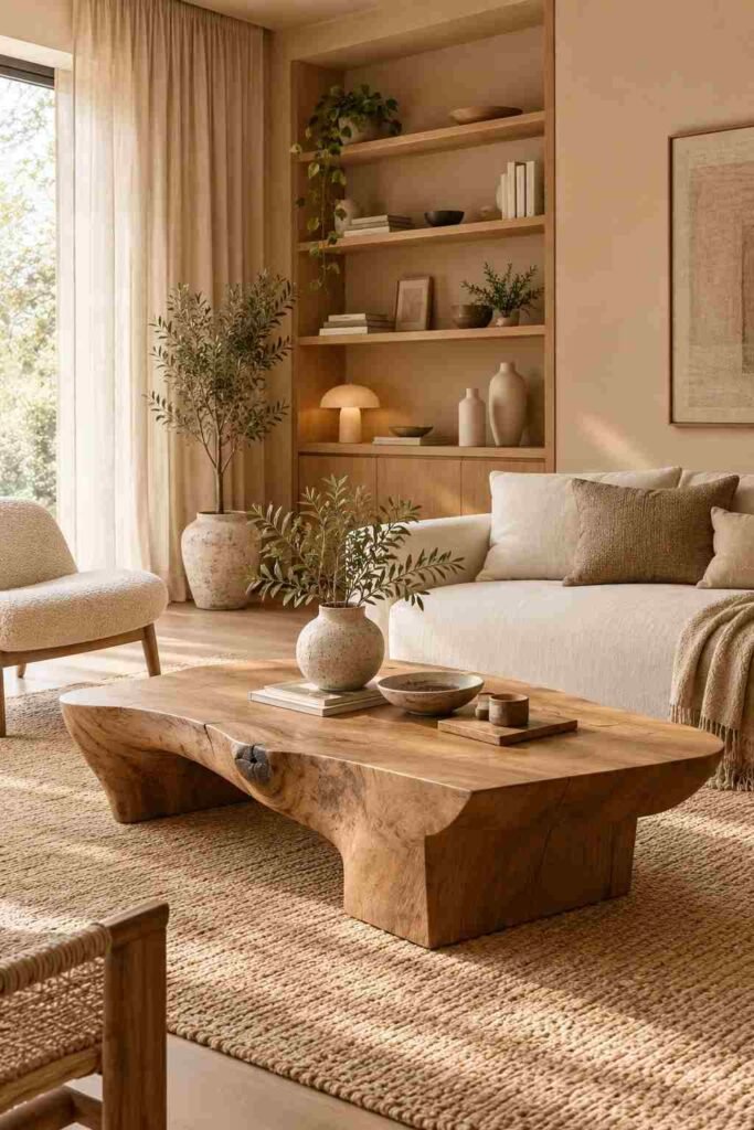 Japandi living room with a handcrafted wooden statement table surrounded by simple neutral furnishings.
