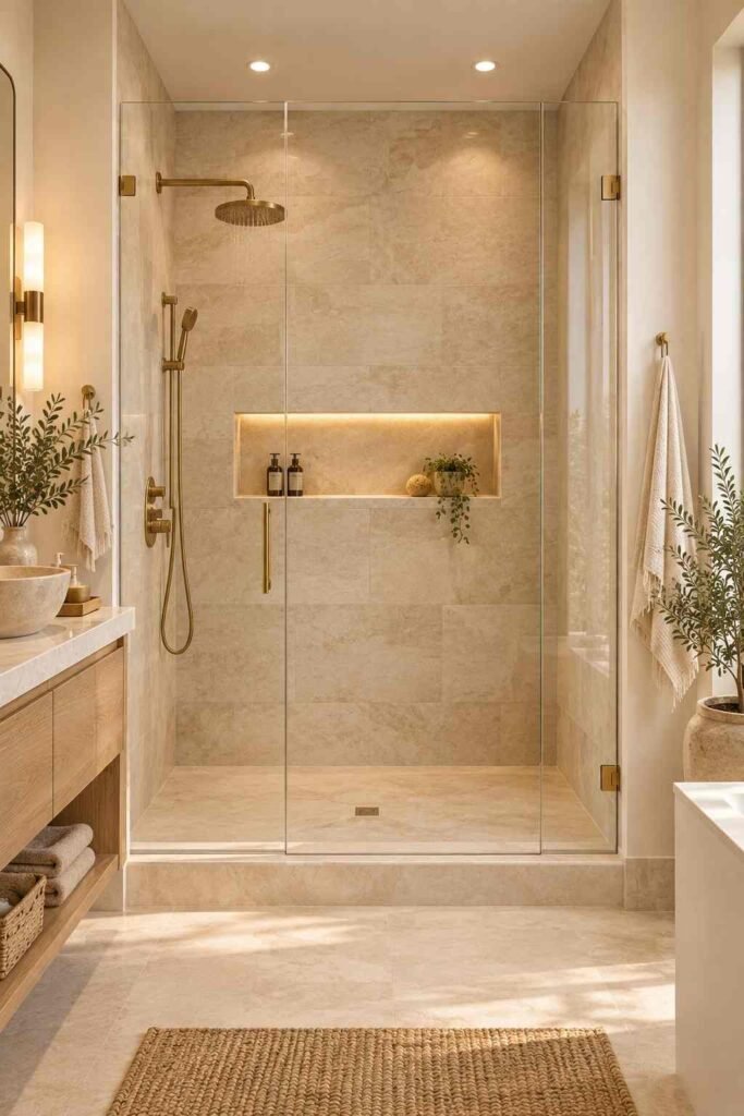  Warm neutral walk-in shower with beige tile, brass fixtures, glass enclosure, and soft lighting.

