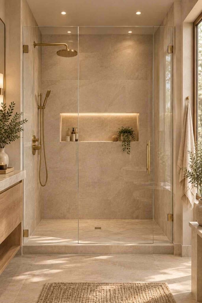  Large-format stone-look tile shower in warm taupe and beige with frameless glass.
