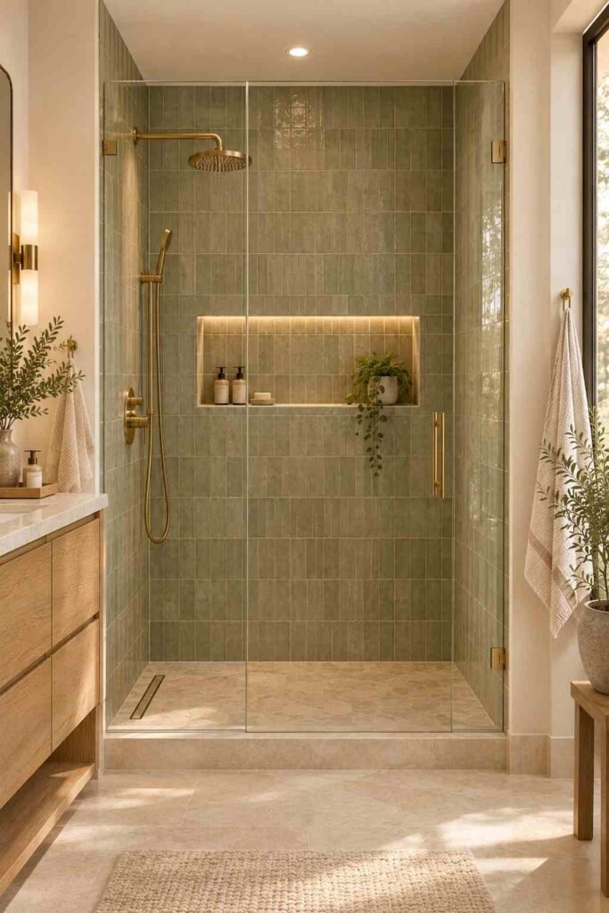  Sage green tiled shower with warm white walls, oak accents, and brass fixtures.
