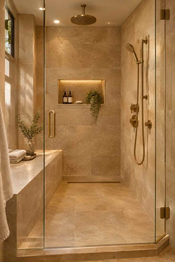  Walk-in shower with a built-in limestone bench, beige tile, and brass fixtures.
