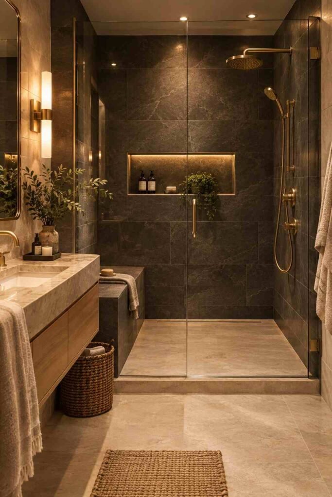  Dramatic charcoal tiled shower with frameless glass and warm brass fixtures.
