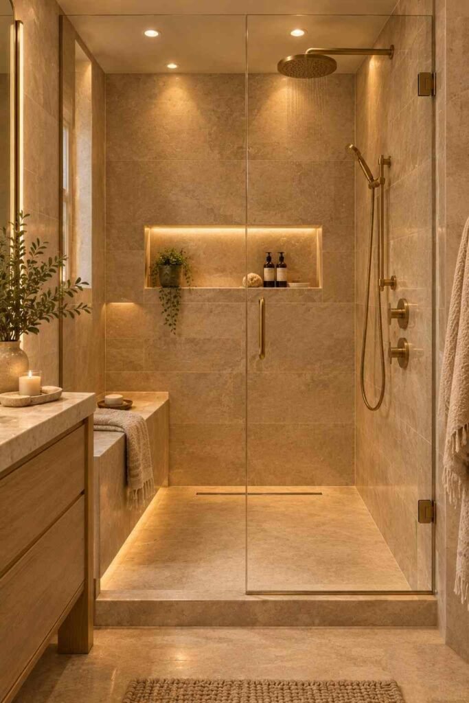  Spa-inspired shower with layered warm lighting, beige tile, and brass fixtures.


