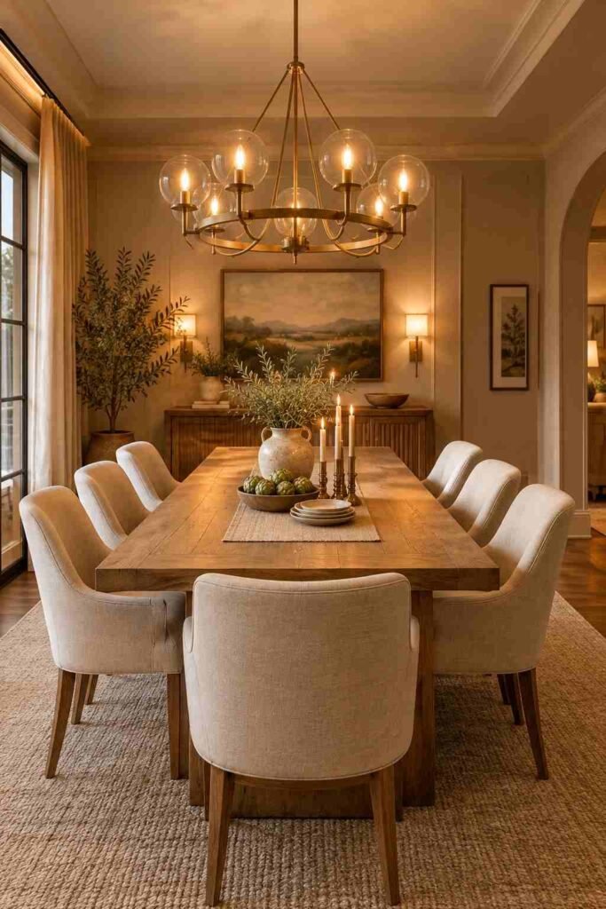  Dining room with a large statement chandelier above a natural wood dining table.
