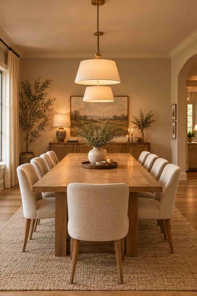  Two pendant lights hanging evenly above a long dining table in a warm neutral room.
