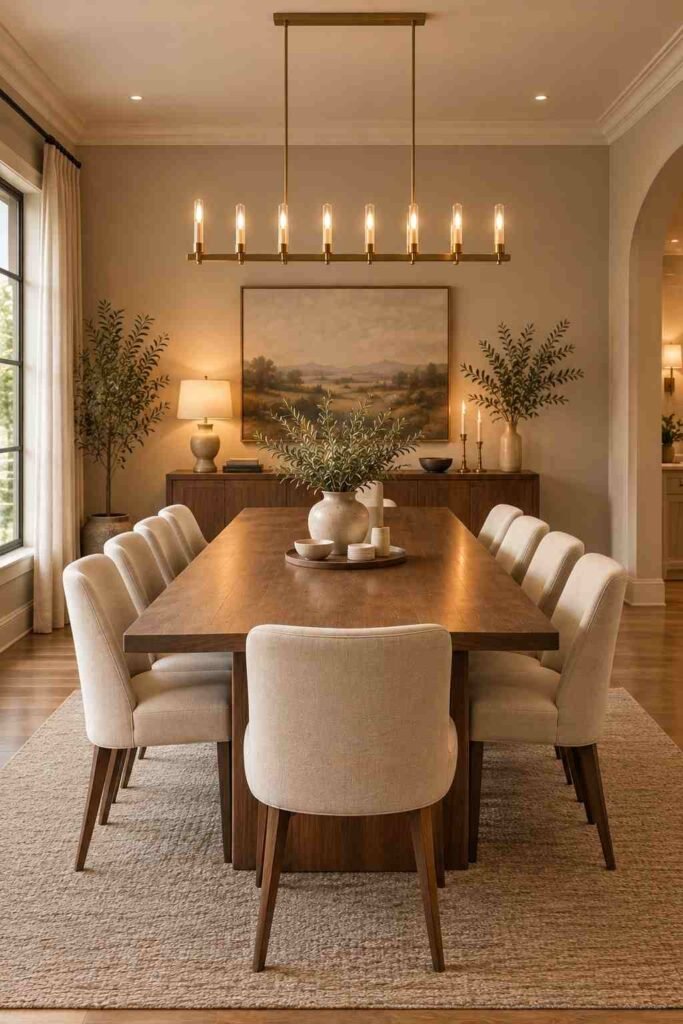  Linear brass chandelier positioned above a long walnut dining table.
