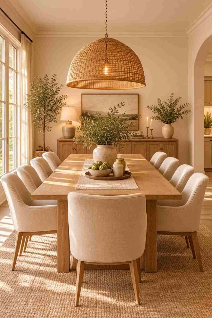  Woven rattan pendant light above a light oak dining table in a cozy dining room.
