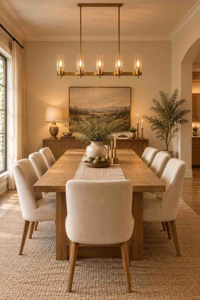  Modern brass dining room light hanging above a natural wood table with cream chairs.
