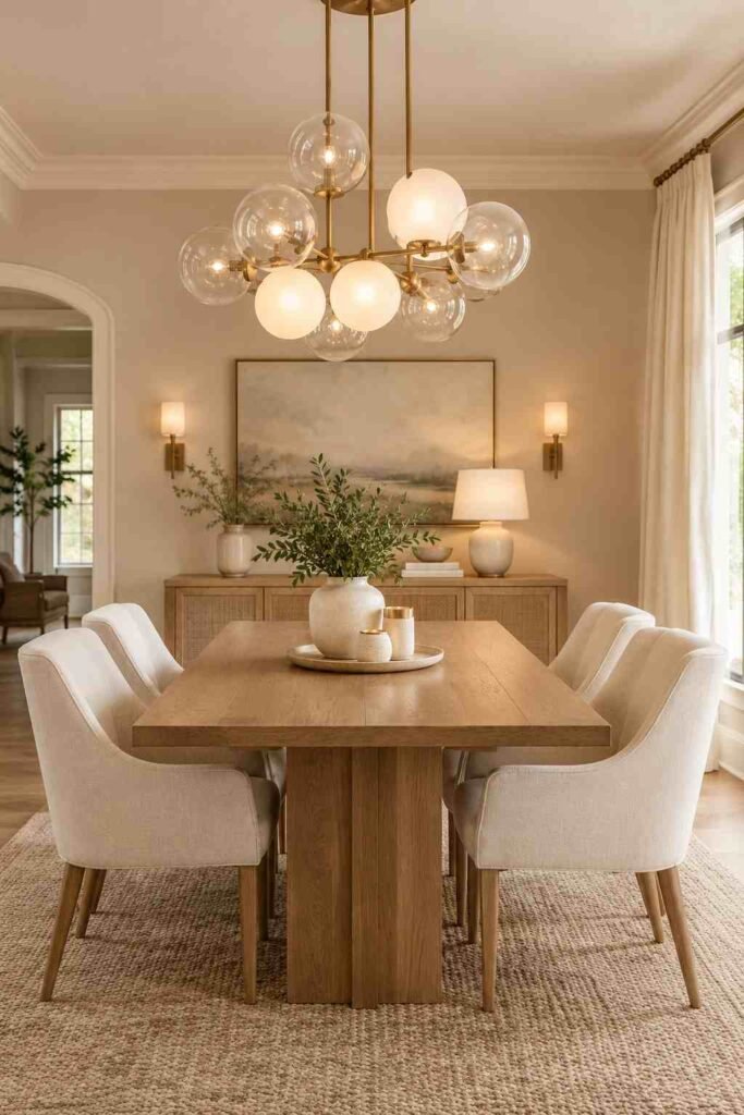  Glass globe chandelier illuminating a warm oak dining table with cream dining chairs.
