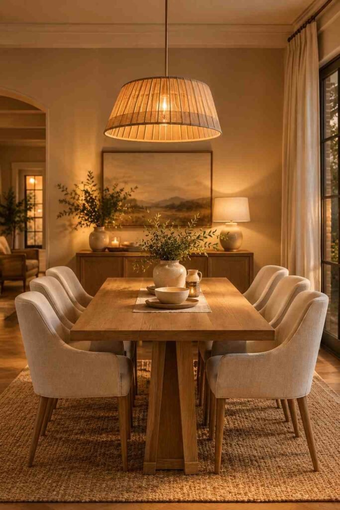  Cozy dining room with warm lighting creating a soft golden glow over the table.
