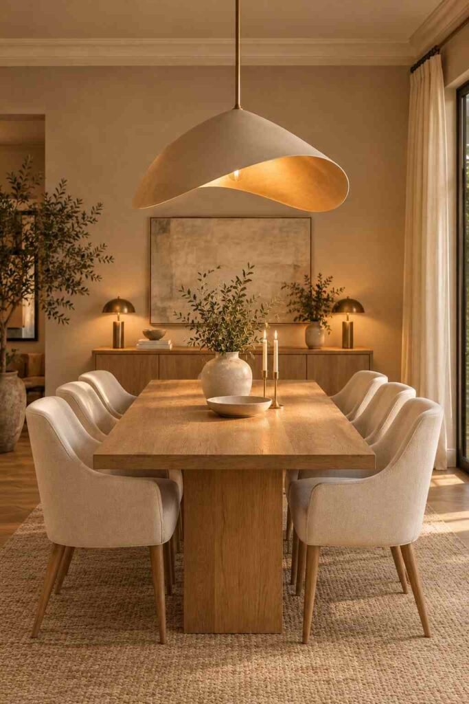  Sculptural pendant light creating a striking focal point above a modern dining table.
