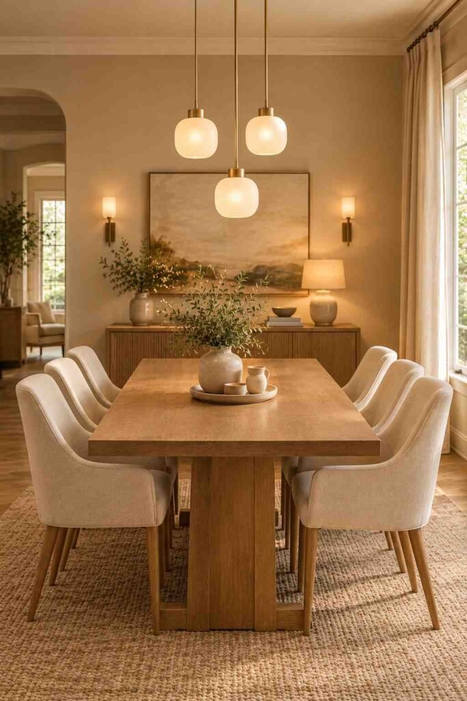  Three small pendant lights hanging at different heights above a dining table.
