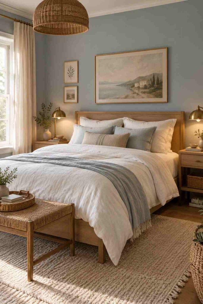 Muted blue bedroom with warm white bedding, light oak furniture, brass lighting, and soft neutral textures.