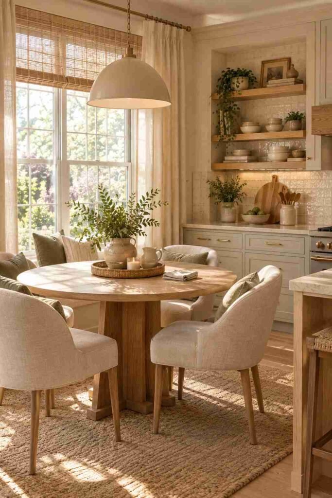  Cozy kitchen breakfast nook with round oak table, cream chairs, linen curtains, and greenery

