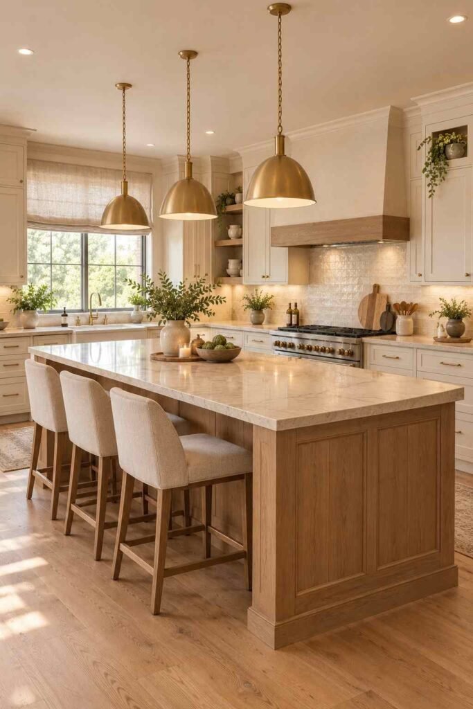  Warm white kitchen cabinets with light oak, beige countertops, brass hardware, and cozy lighting

