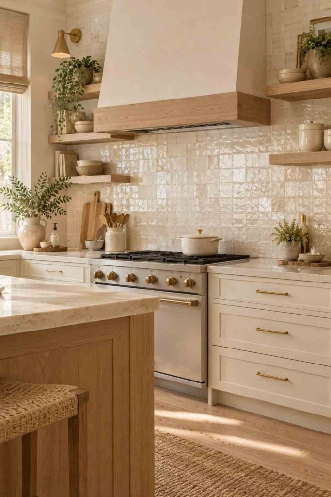 Handmade ivory tile backsplash paired with warm white kitchen cabinets and beige stone
