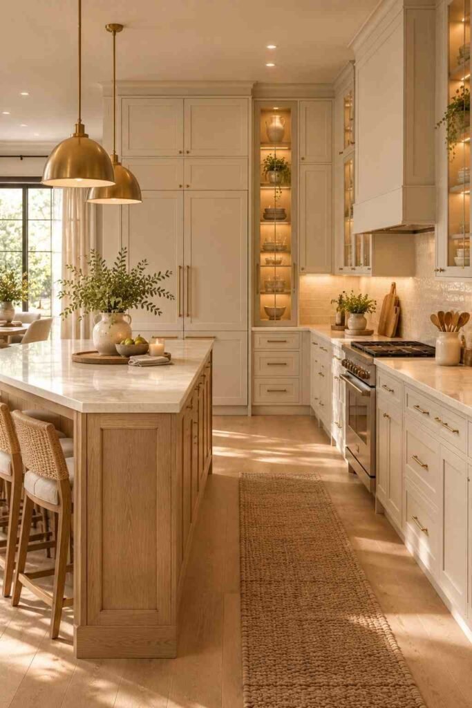  Floor-to-ceiling warm white kitchen cabinets with oak island and built-in storage
