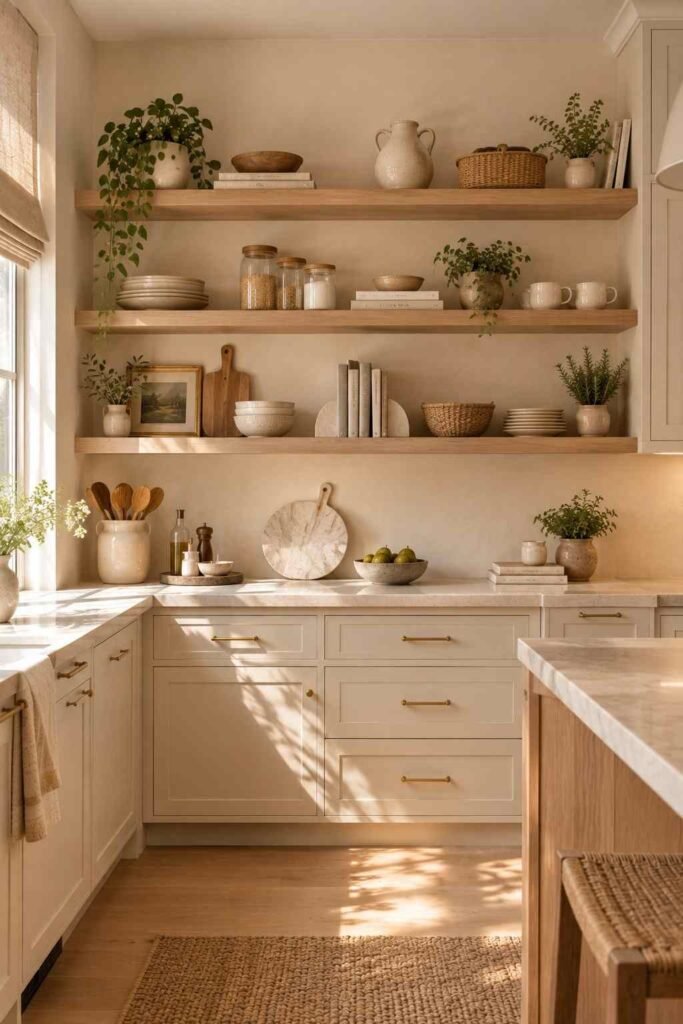  Natural wood open kitchen shelves styled with ceramics, cookbooks, baskets, and greenery
