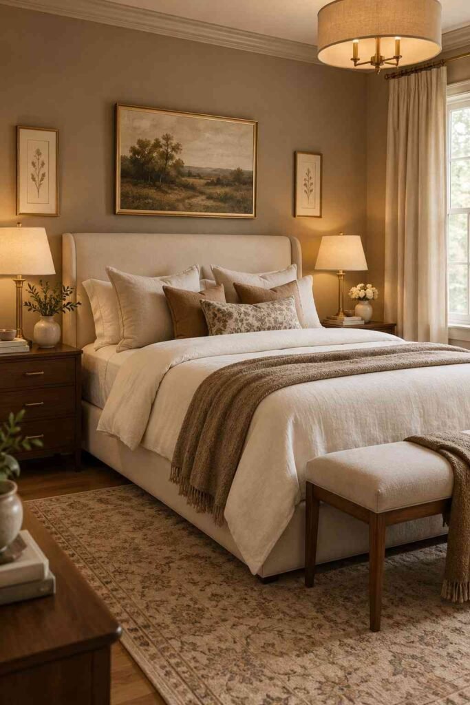 Elegant warm taupe bedroom with cream bedding, walnut furniture, brass lighting, and soft neutral textures.
