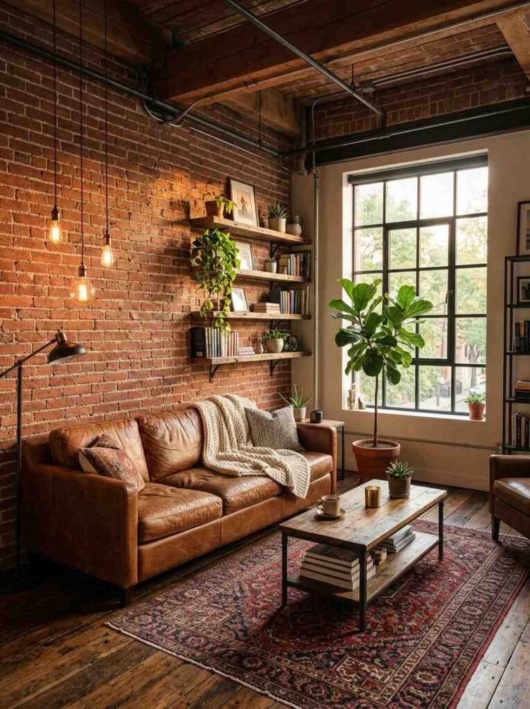 Brick veneer accent wall in an industrial living room with leather sofa and Edison bulb lighting