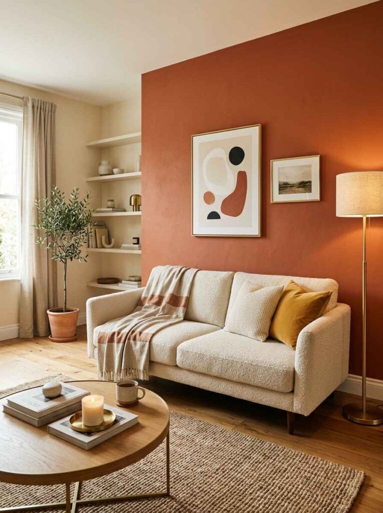 Bold terracotta paint color accent wall in a modern living room with cream sofa and gold accents