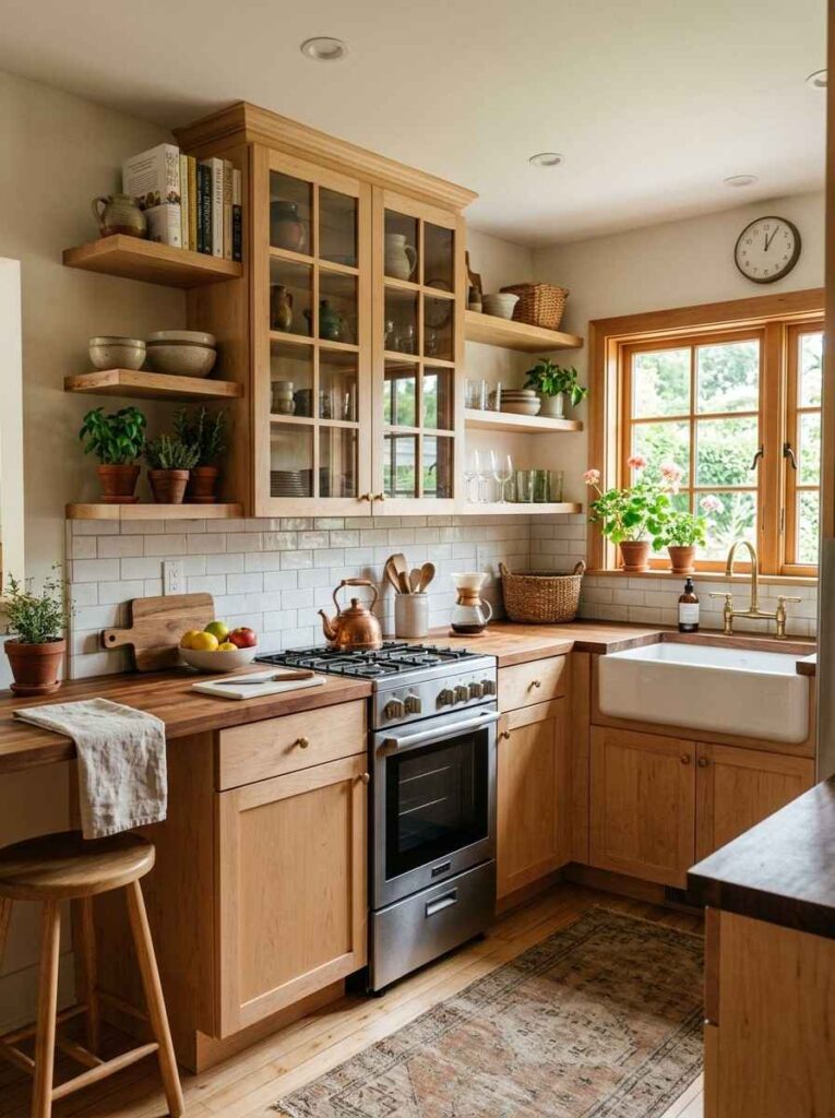 Small kitchen with light maple wood cabinets and glass front doors